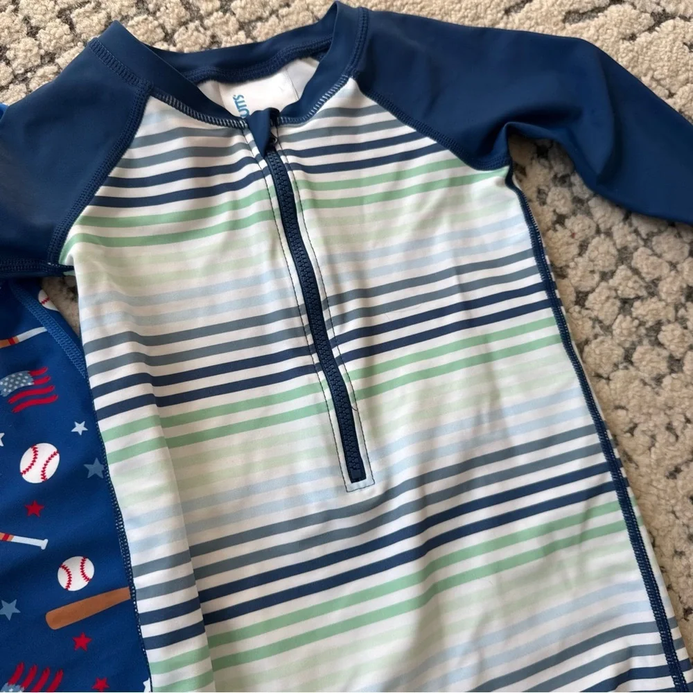 Rugged Butts Coastal Stripes and Play Ball Boys Swim Rash Guard Suits
